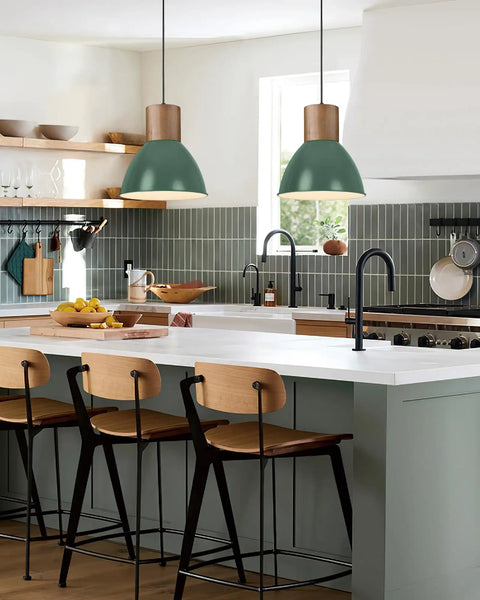 Vintage Green Industrial Pendant Light With Solid Wood And Iron Adjustable Height Ceiling Fixture Above Kitchen Island