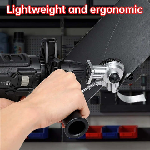 Powerful And Effortless Heavy Duty Drill Metal Cutter Attachment in use slicing sheet metal for DIY projects and roofing