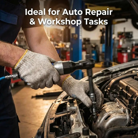 Heavy Duty Half Inch Drive Air Ratchet Wrench Spins Up To 65 Ft Lbs At 160 Rpm To Rapidly Crack Loose Stubborn Engine Bolts With A Rugged Steel Housing And Smooth Reversing Trigger Ideal For Real Grease Monkey Hustle, being used to remove engine bolts.