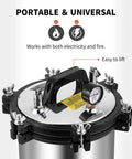 Close-up of BAOSHISHAN 12L stainless steel steam autoclave lid with pressure gauge and clamps