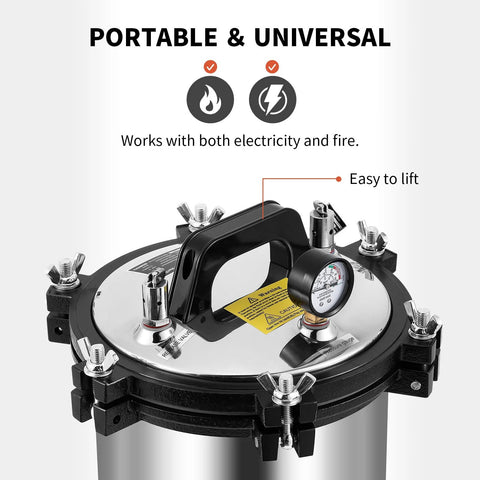 Close-up of BAOSHISHAN 12L stainless steel steam autoclave lid with pressure gauge and clamps