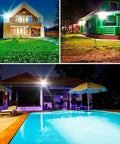 Spot Lighting 100W Led Solar Flood Lights Outdoor Dusk to Dawn Solar L illuminating backyard and pool area at night.