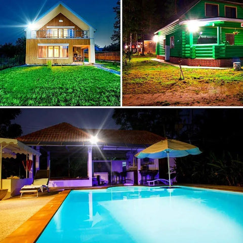 Spot Lighting 100W Led Solar Flood Lights Outdoor Dusk to Dawn Solar L illuminating backyard and pool area at night.