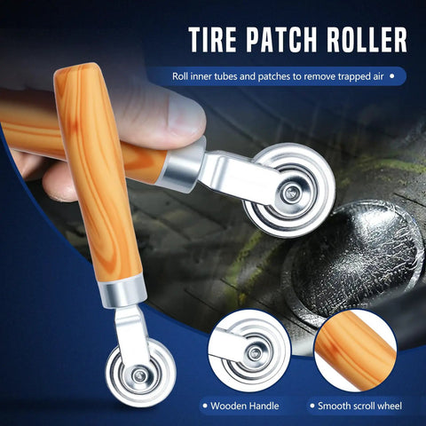 Pro Grade Tire Patch Repair Kit with Tungsten Steel Buffing Wheels and Patch Roller in use on tire surface