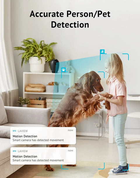 Indoor All-In-One Home Security Cam For Baby Monitoring And Pet Surveillance in living room with motion alerts displayed