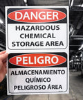 Hazardous Chemical Storage Area Sign Bilingual English Spanish Authorized Personnel Only OSHA 10x14 Inch Tough 80mil Plastic For Cabinets Containers Bins And Fencing, front view