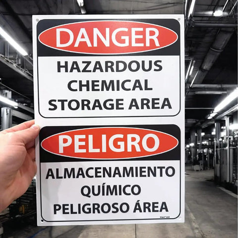 Hazardous Chemical Storage Area Sign Bilingual English Spanish Authorized Personnel Only OSHA 10x14 Inch Tough 80mil Plastic For Cabinets Containers Bins And Fencing, front view