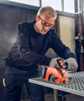 Built Tough Cordless Circular Saw For Zero Sweat Cold Cutting Sheet Metal And Pipe No Spark Action in use on metal surface.
