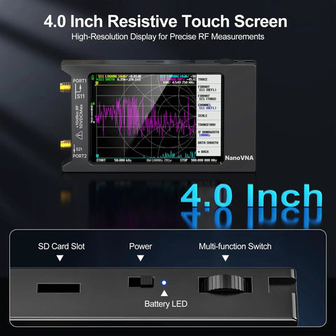 NanoVNA H4 Vector Network Analyzer V4.4 with 4.0 Inch touchscreen displaying RF measurements and control buttons.