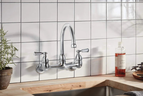 Elmhurst Two Handle Wall Mount Kitchen Faucet Chrome With 8 Inch Spout Reach 360 Degree Swivel ADA Compliant Fits Two Hole 8 Inch Centers Half Inch NPT Inlets High Arc Gooseneck