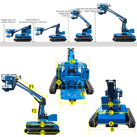 Compact Crawler Workhorse Offering Eighteen Foot Reach And Solid 660 Pound Capacity Self Propelled Rubber Tracked frame with detailed dimensions.