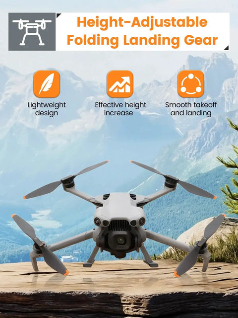 Ground Clearance Upgrade Landing Gear For Mini 5 Pro Drone on rocky terrain, highlighting foldable leg extensions and camera protection.