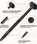 Heavy Duty Wood Screws Assortment Kit Offering Rock Solid Alloy Steel Build And A Top Shelf Rust Resistant Coating For Deck Builds and ACQ Lumber Work. Features knurl shoulder and modified truss washer head.