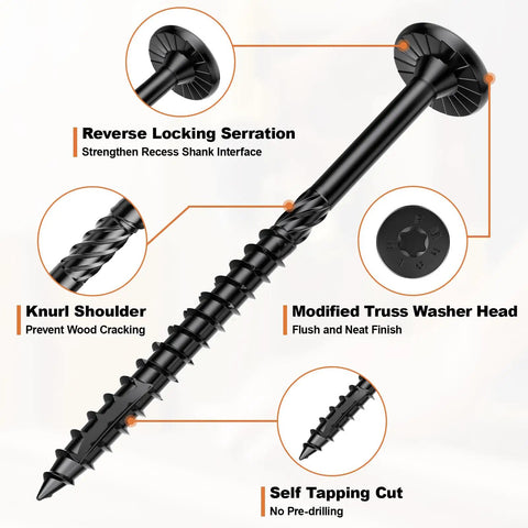Heavy Duty Wood Screws Assortment Kit Offering Rock Solid Alloy Steel Build And A Top Shelf Rust Resistant Coating For Deck Builds and ACQ Lumber Work. Features knurl shoulder and modified truss washer head.