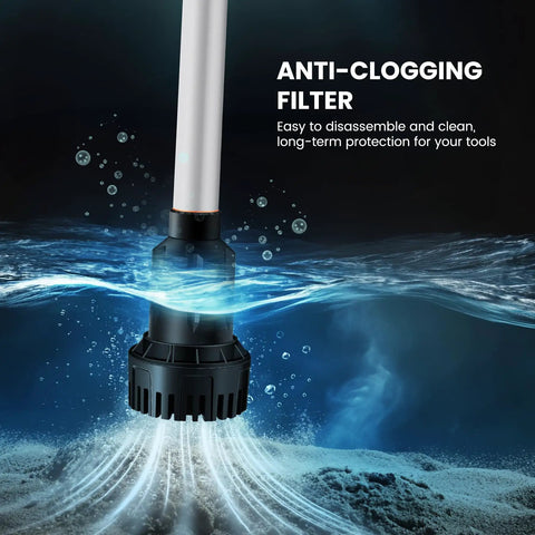 Rock Solid Cordless Stick Water Transfer Pump Plug Right Into Your Makita 21V Battery showing anti-clogging filter with water flow.