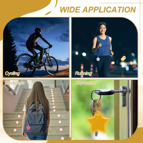 Lake Blue Star Shaped Reflective Safety Pendant Keychain With Chain Pack Of 12 shown during cycling, running, backpack, keychain use