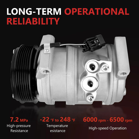 Beefy Ac Compressor With Clutch For Chevy Traverse Gmc Acadia Buick Enclave Saturn Outlook Three Point Six Liter V6 side view with technical specs