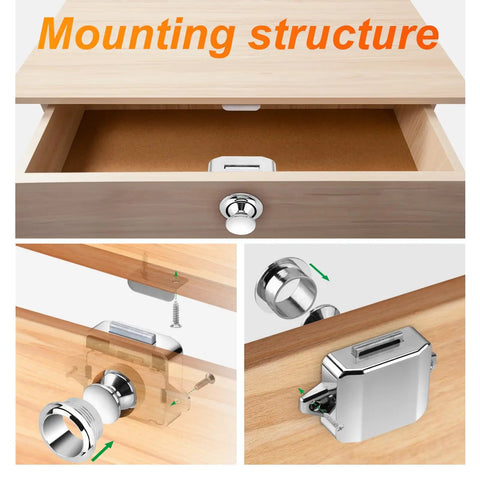 Installation of Five Pack Push Button Cabinet Latch Locks for RVs and Home, Keyless Cupboard Catch with silver finish in drawer