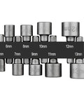 Heavy Duty Nut Driver Set Featuring Nine Piece Socket Spanner Kit with 5 to 13 mm sizes shown in gray metal finish.