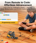 Child using Mini RC Forklift Toy With App Control And Remote, 1:64 Alloy Crane on wooden floor, showcasing programming control.
