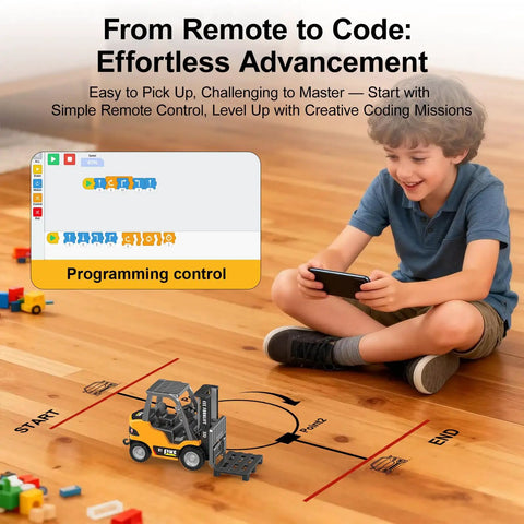 Child using Mini RC Forklift Toy With App Control And Remote, 1:64 Alloy Crane on wooden floor, showcasing programming control.