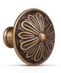 Old School Brass Cabinet Knob Set, Solid Zinc Alloy 1.4 Inch Round Handles, flower design, antique finish, side view