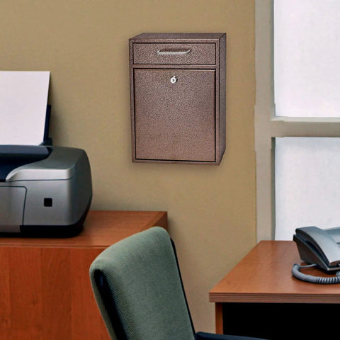 Heavy Duty Steel Locking Mounted Mailbox For Office Drops And Interoffice Mail, Bronze Tamper-Proof Wall Mount Letter Deposit Box