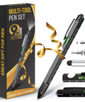 Nine In One Multitool Pen Set with box showing features and attachments, sleek design, aluminum build, perfect gift for men.