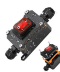 Beefy IP67 Waterproof Inline Switch For 12V DC Systems With Red LED Rocker Button, Outdoor On Off Toggle, 12-24V, 20A, Two Side Entry And Exit Wires, Weatherproof For Marine Auto And All Weather Use, red LED rocker switch with waterproof cable glands