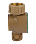Side view of brass water flow meter for outdoor hoses and lawn sprinklers, tracks gallons used to 0.1 gal, easy read LCD.