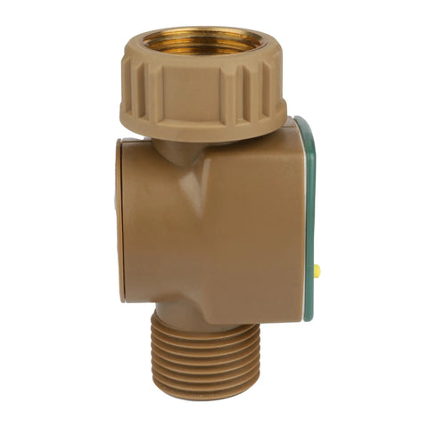 Side view of brass water flow meter for outdoor hoses and lawn sprinklers, tracks gallons used to 0.1 gal, easy read LCD.