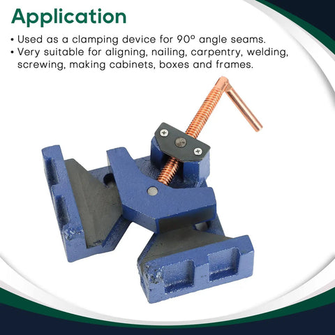 Heavy Duty Cast Iron Welding Angle Clamp Built Like A Tank With Rock Solid Self Centering 90 Degree Frame gripping workpieces for accurate alignment.