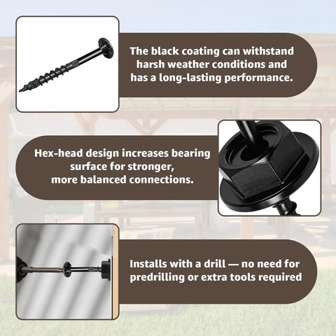 Heavy Duty Outdoor Structural Wood Screws Kit 0.220 Inch By Three And A Half Inch With Hex Head Washers, black rust resistant coating