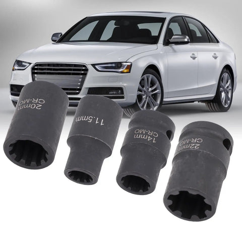 Pro Grade Brake Caliper Socket Set 4 Piece Kit For 1/2 Inch Drive with 11.5mm, 14mm, 20mm, 22mm sizes shown in front of car