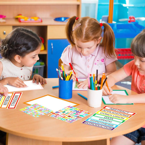 Children using Colorful Self Adhesive Science Fair Display Kit With 22 Sheets Of Subtitles, Project Titles, And Letter Stickers