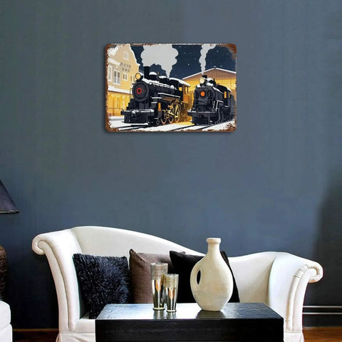 Retro Old School Winter Steam Train Station Tin Sign Metal Wall Decor Plaque for Home Cabin 8x12 Inch on living room wall