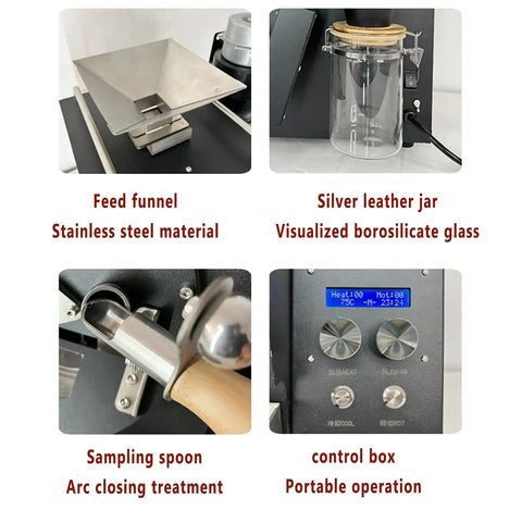 Heavy Duty Electric Coffee Roaster With Cooling Plate And Sampling Spoon 360 Degree Even Heating 600 Gram Batch for peanuts and soybeans parts overview