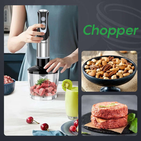 Pro Level 500W Immersion Hand Blender Kicked Up With 12 Variable Speed Settings Plus Turbo Boost Option And Reliable 4in 1 Kitchen Wand chopping fresh ingredients.