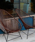 Two sling chairs with round plastic wicker cord in coconut brown, ideal for 164Ft Round Plastic Wicker Replacement Cord repairs.