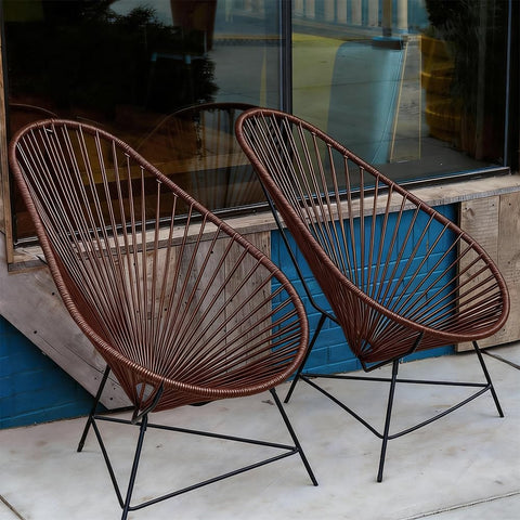 Two sling chairs with round plastic wicker cord in coconut brown, ideal for 164Ft Round Plastic Wicker Replacement Cord repairs.