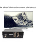 1 Input 4 Output BNC Video Splitter Box Coaxial Distributor Amplifier For Video Monitoring System CCTV Security Camera Setup Delivers Crystal Clear 1080P Signal To Four Displays Simultaneously, shown near a TV with a kitten image