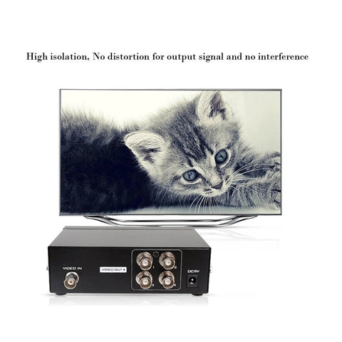 1 Input 4 Output BNC Video Splitter Box Coaxial Distributor Amplifier For Video Monitoring System CCTV Security Camera Setup Delivers Crystal Clear 1080P Signal To Four Displays Simultaneously, shown near a TV with a kitten image