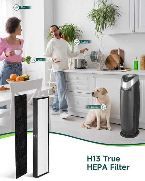 Replacement Filter C for AC5250PT Air Purifier With Pet Pure Treatment shown in kitchen with air purifier and dog.