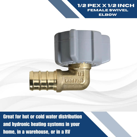 10 Pack 1/2 Inch PEX To 1/2 Inch Female NPT Swivel Elbow Fittings, brass elbow with PEX crimp end and gray swivel cap