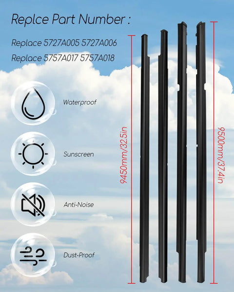 Mitsubishi Lancer Weatherstrip Window Molding Trim Seal Belt 4 Piece Replacement Set Fits 2008-2017 with dimensions and features.