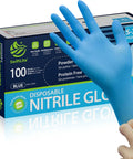 Blue Nitrile Food Prep Gloves Disposable Latex Free Ultra Thin Design Fits Snug And Moves Smooth, hand wearing glove.