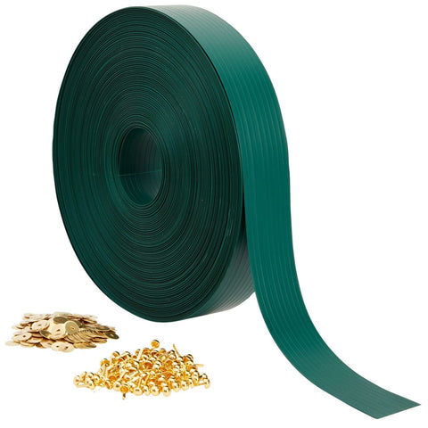 Roll of dark green PVC fence slats with brass fasteners, Dark Green PVC Fence Slats For Privacy 1.8 Inch By 246 Feet Privacy Fence Plastic Strips With Brass Fasteners Outdoor Fencing And Garden Cover DIY Ready Weave Installation