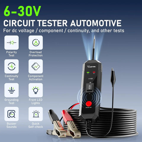 Heavy Duty V100 Auto Voltage Tester Pro For Cars And Trucks To Check Circuits Continuity Ground Polarity Plus One Way Overload Safe Power Probe Tool with 6-30V range and cables