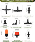 All In One 300 Piece Drip Irrigation Fittings Kit for One Quarter Inch Tubing with emitters, nozzles, tees, barbs, plugs, elbows