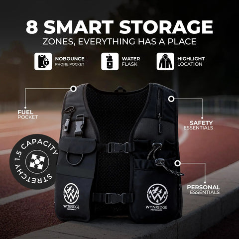 Hydration Running Vest With 8 Pockets And 17 Oz Flask For Men And Women Reflective Lightweight Neoprene Pack showcasing storage.